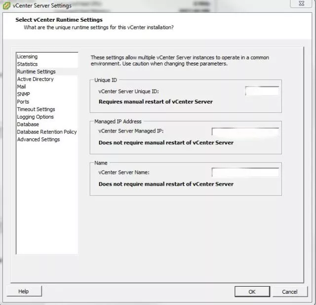 vCenter Runtime Settings