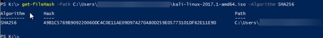 A powershell windows showing the Get-FileHash command